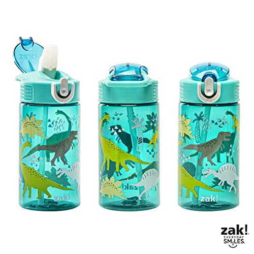 Zak Designs Kids Water Bottle For School or Travel, 16oz Durable Plastic Water Bottle With Straw, Handle, and Leak-Proof, Pop-Up Spout Cover (Dinosaur)