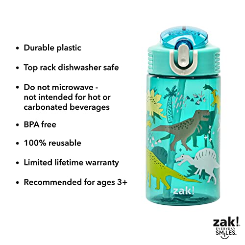 Zak Designs Kids Water Bottle For School or Travel, 16oz Durable Plastic Water Bottle With Straw, Handle, and Leak-Proof, Pop-Up Spout Cover (Dinosaur)