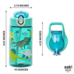 Zak Designs Kids Water Bottle For School or Travel, 16oz Durable Plastic Water Bottle With Straw, Handle, and Leak-Proof, Pop-Up Spout Cover (Dinosaur)