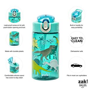 Zak Designs Kids Water Bottle For School or Travel, 16oz Durable Plastic Water Bottle With Straw, Handle, and Leak-Proof, Pop-Up Spout Cover (Dinosaur)