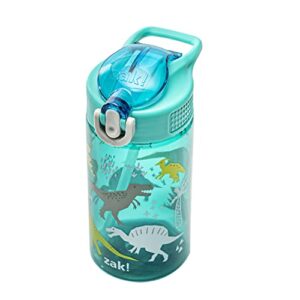 Zak Designs Kids Water Bottle For School or Travel, 16oz Durable Plastic Water Bottle With Straw, Handle, and Leak-Proof, Pop-Up Spout Cover (Dinosaur)