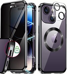 estpeak [cd loop+safety lock] magnetic case for iphone 14 case,[privacy screen with camera lens][electroplating metal bumper] double sided 9h glass compatible with magsafe case for iphone 14 black