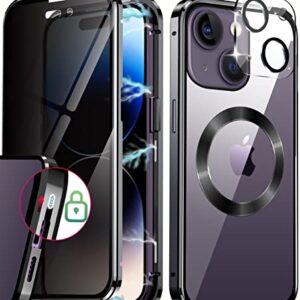 ESTPEAK [CD Loop+Safety Lock] Magnetic Case for iPhone 14 Case,[Privacy Screen with Camera Lens][Electroplating Metal Bumper] Double Sided 9H Glass Compatible with MagSafe Case for iPhone 14 Black