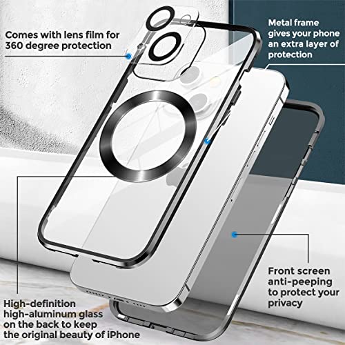 ESTPEAK [CD Loop+Safety Lock] Magnetic Case for iPhone 14 Case,[Privacy Screen with Camera Lens][Electroplating Metal Bumper] Double Sided 9H Glass Compatible with MagSafe Case for iPhone 14 Black