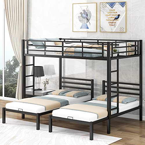 RUNWON Meta L Shaped Triple Bed, Solid Full Over Twin&Twin Bunk Bedframe with Built-in Shelf and 2 Ladders for 3 Kids Teens