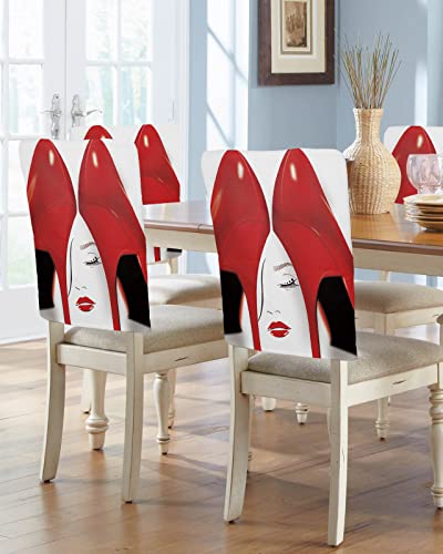 Maliyand Chair Back Cover, Sexy Red High Heels Fashion Woman Face Chair Covers Removable Chair Protector Slipcover for Dining Room, Kitchen, Restaurant, Set of 6