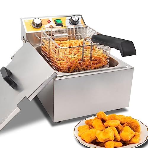 Festa Essential 13.6QT Electric Deep Fryer with 6L(6.5QT)Frying Basket&Lid,1750W Stainless Steel Commercial Countertop Single Tank Oil Fryers with Temperature Control&Timer for Home Kitchen Restaurant