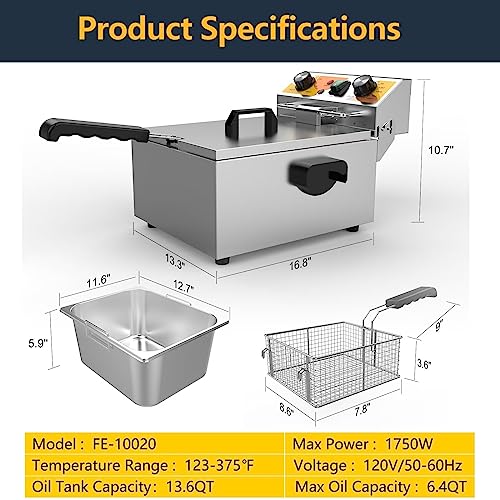 Festa Essential 13.6QT Electric Deep Fryer with 6L(6.5QT)Frying Basket&Lid,1750W Stainless Steel Commercial Countertop Single Tank Oil Fryers with Temperature Control&Timer for Home Kitchen Restaurant