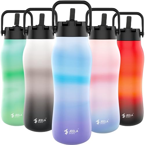 JEELA SPORTS Insulated Water Bottle with Straw - 24oz, Leakproof Stainless Steel Water Bottles, Metal Water Bottle Keeps Water Cold for 24 hours