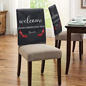 Maliyand Chair Back Cover, Welcome Please Remove Your Shoes Thanks Vintage Red High Heel Black Chair Covers Removable Chair Protector Slipcover for Dining Room, Kitchen, Restaurant, Set of 8