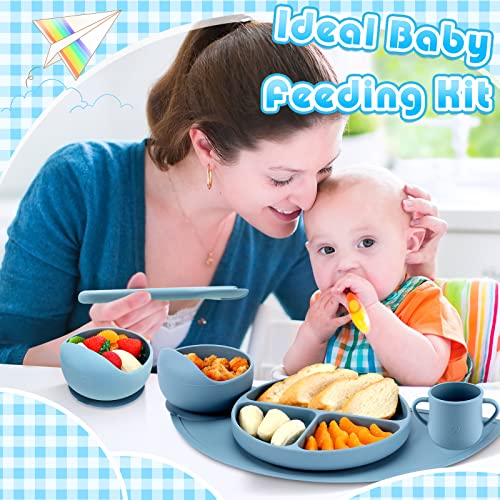 21 Pcs Baby Led Weaning Supplies Silicone Baby Feeding Set Baby Toddlers Utensils Divided Suction Plates Bowls Forks Spoons Cup Adjustable Bibs Placemat Self Feeding Eating Utensils, 3 Colors