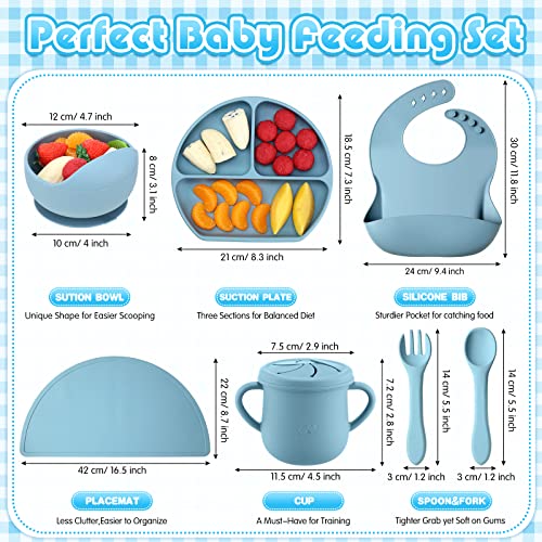 21 Pcs Baby Led Weaning Supplies Silicone Baby Feeding Set Baby Toddlers Utensils Divided Suction Plates Bowls Forks Spoons Cup Adjustable Bibs Placemat Self Feeding Eating Utensils, 3 Colors