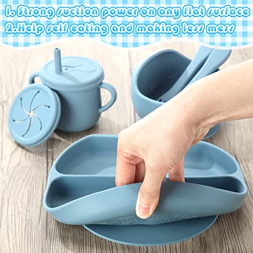21 Pcs Baby Led Weaning Supplies Silicone Baby Feeding Set Baby Toddlers Utensils Divided Suction Plates Bowls Forks Spoons Cup Adjustable Bibs Placemat Self Feeding Eating Utensils, 3 Colors