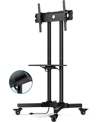 HUANUO TV Stand with Power Outlet, Rolling TV Stand for 32-85 Inch Flat/Curved LED TVs, Tilt TV Cart with Adjustable Shelf, Mobile TV Stand on Wheels Holds up to 132 lbs Max VESA 600x400mm HNTVMC01