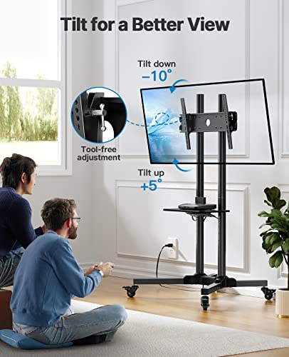 HUANUO TV Stand with Power Outlet, Rolling TV Stand for 32-85 Inch Flat/Curved LED TVs, Tilt TV Cart with Adjustable Shelf, Mobile TV Stand on Wheels Holds up to 132 lbs Max VESA 600x400mm HNTVMC01