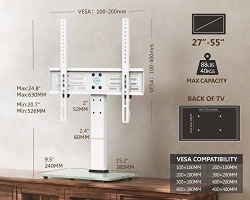 FITUEYES Universal TV Stand Table Top TV Stand for 27-55 inch LCD LED TVS Height Adjustable TV Base with Tempered Glass Base Wire Management VESA 400x400mm Holds 88 Pounds, White