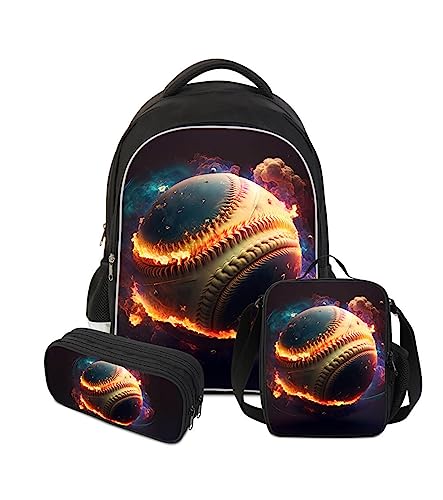 AnySmic Baseball Backpack for School, Kids Bookbag Set with Lunch Box and Pencil Case for Boys, Girls