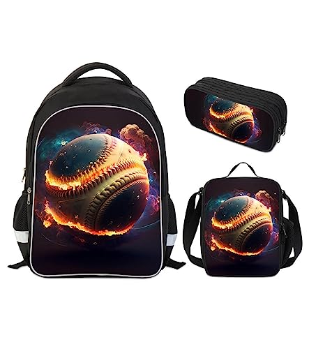 AnySmic Baseball Backpack for School, Kids Bookbag Set with Lunch Box and Pencil Case for Boys, Girls