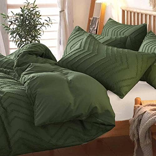 Nanko Olive Green Duvet Cover King Size, 3pc Boho Tufted Microfiber Bedding Comforter Cover Set, All Season Aesthetic Shabby Chic Soft Embroidery Textured Geometric Quilt Cover (104x90)