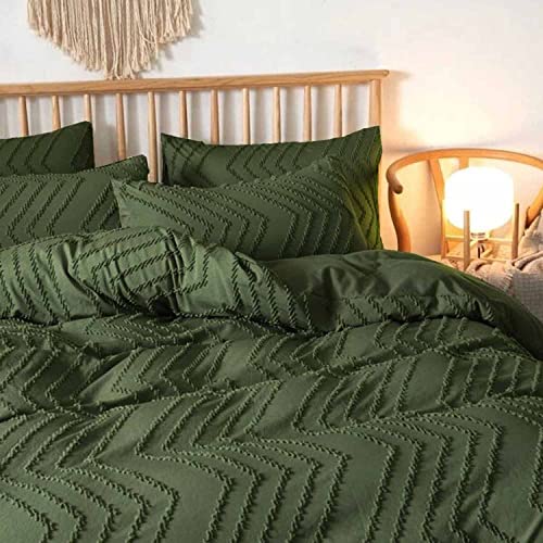 Nanko Olive Green Duvet Cover King Size, 3pc Boho Tufted Microfiber Bedding Comforter Cover Set, All Season Aesthetic Shabby Chic Soft Embroidery Textured Geometric Quilt Cover (104x90)