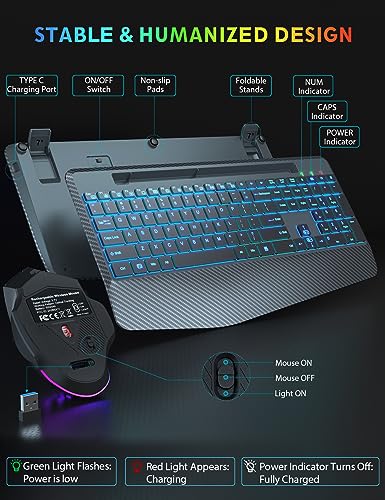 Wireless Keyboard and Mouse Backlit, Wrist Rest, Jiggler Mouse, Phone Holder, Ergo Rechargeable Silent Light Up Combo for Computer, Mac, PC, Laptop, Chromebook - by SABLUTE, Gray