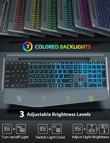 Wireless Keyboard and Mouse Backlit, Wrist Rest, Jiggler Mouse, Phone Holder, Ergo Rechargeable Silent Light Up Combo for Computer, Mac, PC, Laptop, Chromebook - by SABLUTE, Gray