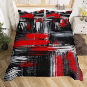 feelyou red black and grey comforter cover geometric artistic smear bedding set abstract graffiti art duvet cover contemporary modern brush design bedspread cover room decor bedclothes queen size