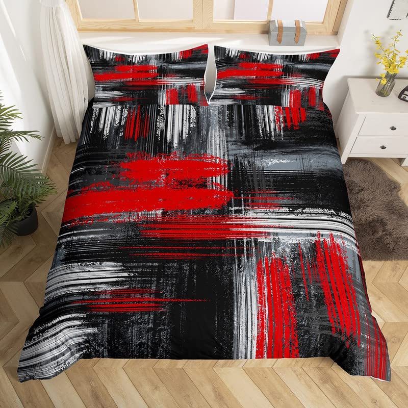 Feelyou Red Black and Grey Comforter Cover Geometric Artistic Smear Bedding Set Abstract Graffiti Art Duvet Cover Contemporary Modern Brush Design Bedspread Cover Room Decor Bedclothes Queen Size