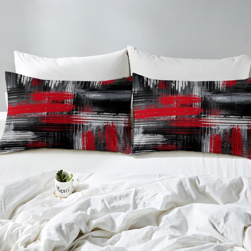 Feelyou Red Black and Grey Comforter Cover Geometric Artistic Smear Bedding Set Abstract Graffiti Art Duvet Cover Contemporary Modern Brush Design Bedspread Cover Room Decor Bedclothes Queen Size