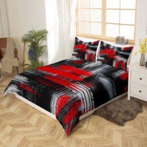 Feelyou Red Black and Grey Comforter Cover Geometric Artistic Smear Bedding Set Abstract Graffiti Art Duvet Cover Contemporary Modern Brush Design Bedspread Cover Room Decor Bedclothes Queen Size