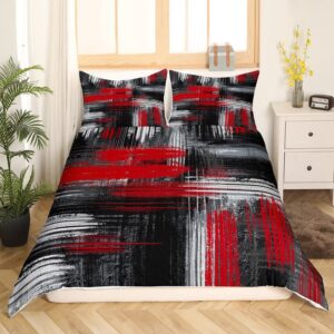 Feelyou Red Black and Grey Comforter Cover Geometric Artistic Smear Bedding Set Abstract Graffiti Art Duvet Cover Contemporary Modern Brush Design Bedspread Cover Room Decor Bedclothes Queen Size