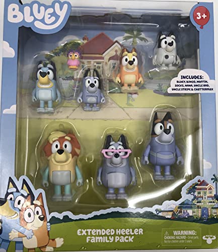 Bluey, Extended Heeler Family Pack, 2.5-3 inch Figures, Bingo, Socks, Muffin, Uncle Stripe, Uncle Rad, Nana and Chattermax, Preschool, Toys for Kids, Ages 3+