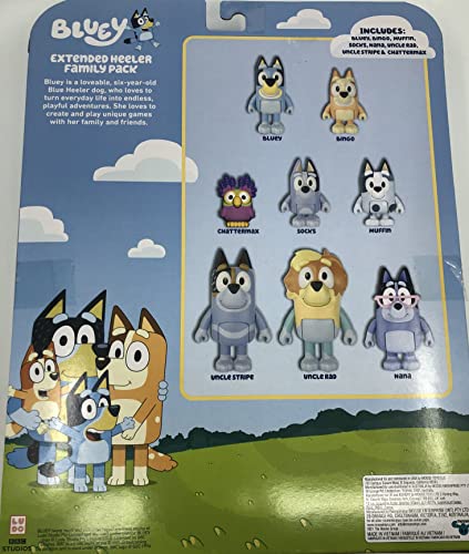 Bluey, Extended Heeler Family Pack, 2.5-3 inch Figures, Bingo, Socks, Muffin, Uncle Stripe, Uncle Rad, Nana and Chattermax, Preschool, Toys for Kids, Ages 3+