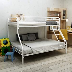 homjoones heavy duty metal bunk bed twin over full size, heavy duty floor bunk beds frame with enhanced upper-level guardrail (white)