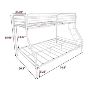 HomJoones Heavy Duty Metal Bunk Bed Twin Over Full Size, Heavy Duty Floor Bunk Beds Frame with Enhanced Upper-Level Guardrail (White)