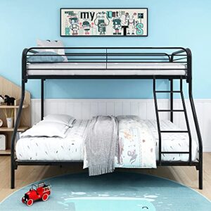 HomJoones Heavy Duty Metal Bunk Bed Twin Over Full Size, Heavy Duty Floor Bunk Beds Frame with Enhanced Upper-Level Guardrail (Black)