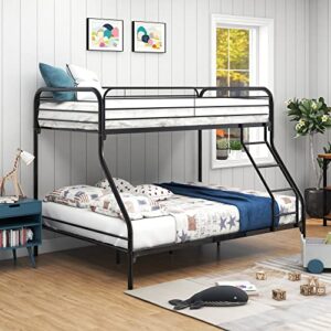 HomJoones Heavy Duty Metal Bunk Bed Twin Over Full Size, Heavy Duty Floor Bunk Beds Frame with Enhanced Upper-Level Guardrail (Black)