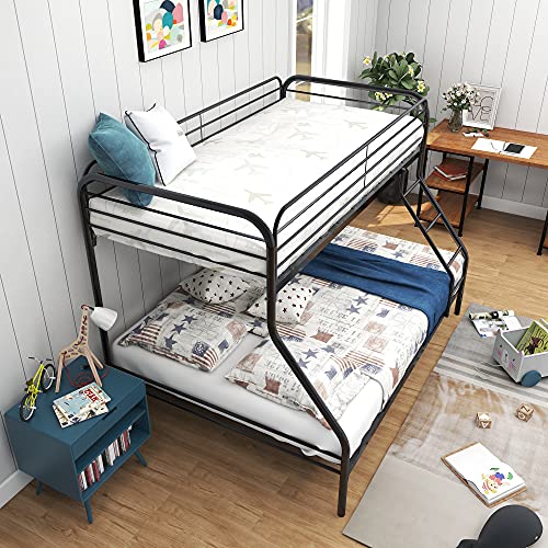 HomJoones Heavy Duty Metal Bunk Bed Twin Over Full Size, Heavy Duty Floor Bunk Beds Frame with Enhanced Upper-Level Guardrail (Black)