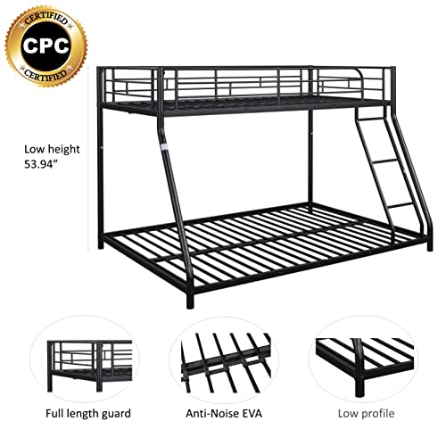 HomJoones Heavy Duty Metal Bunk Bed Twin Over Full Size, Heavy Duty Floor Bunk Beds Frame with Enhanced Upper-Level Guardrail (Black)