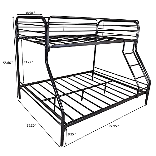 HomJoones Heavy Duty Metal Bunk Bed Twin Over Full Size, Heavy Duty Floor Bunk Beds Frame with Enhanced Upper-Level Guardrail (Black)