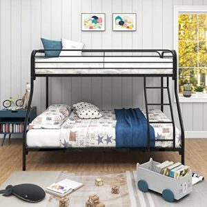 HomJoones Heavy Duty Metal Bunk Bed Twin Over Full Size, Heavy Duty Floor Bunk Beds Frame with Enhanced Upper-Level Guardrail (Black)