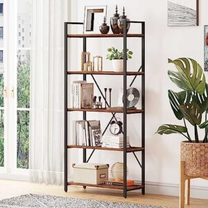 bon augure industrial bookshelf, etagere bookcases and book shelves 5 tier, rustic wood and metal shelving unit (rustic oak)