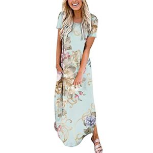 women's summer casual loose crewneck short sleeve split beach maxi dress with pockets, floral print long dress split(s#mint green,xx-large)