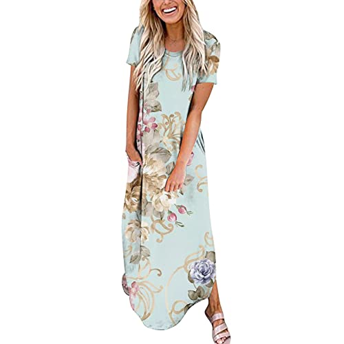 Women's Summer Casual Loose Crewneck Short Sleeve Split Beach Maxi Dress with Pockets, Floral Print Long Dress Split(S#Mint Green,XX-Large)