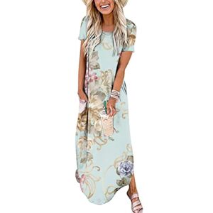 Women's Summer Casual Loose Crewneck Short Sleeve Split Beach Maxi Dress with Pockets, Floral Print Long Dress Split(S#Mint Green,XX-Large)