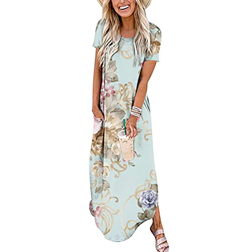 Women's Summer Casual Loose Crewneck Short Sleeve Split Beach Maxi Dress with Pockets, Floral Print Long Dress Split(S#Mint Green,XX-Large)