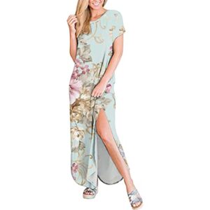 Women's Summer Casual Loose Crewneck Short Sleeve Split Beach Maxi Dress with Pockets, Floral Print Long Dress Split(S#Mint Green,XX-Large)