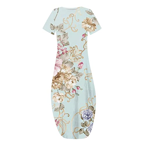 Women's Summer Casual Loose Crewneck Short Sleeve Split Beach Maxi Dress with Pockets, Floral Print Long Dress Split(S#Mint Green,XX-Large)