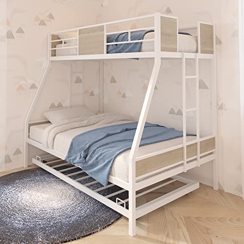 Twin Over Full Bunk Bed Frame with Trundle, Metal Bunkbed with Sturdy Guard Rail and Ladder for Girls/Boys/ Adults, No Box Spring Needed, Noise Free for Dorm, Bedroom, Guest Room (White)