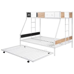 Twin Over Full Bunk Bed Frame with Trundle, Metal Bunkbed with Sturdy Guard Rail and Ladder for Girls/Boys/ Adults, No Box Spring Needed, Noise Free for Dorm, Bedroom, Guest Room (White)